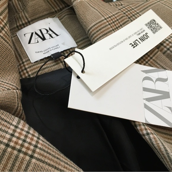 Zara Crop Blazer Jacket Plaid Tan Brown Boxy Blogger Preppy Size XS - Picture 8 of 8